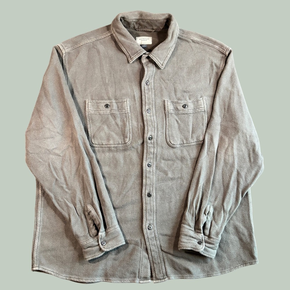 American Eagle Mens Shirt XL Gray Cotton Herringbone Twill Button Down Workwear